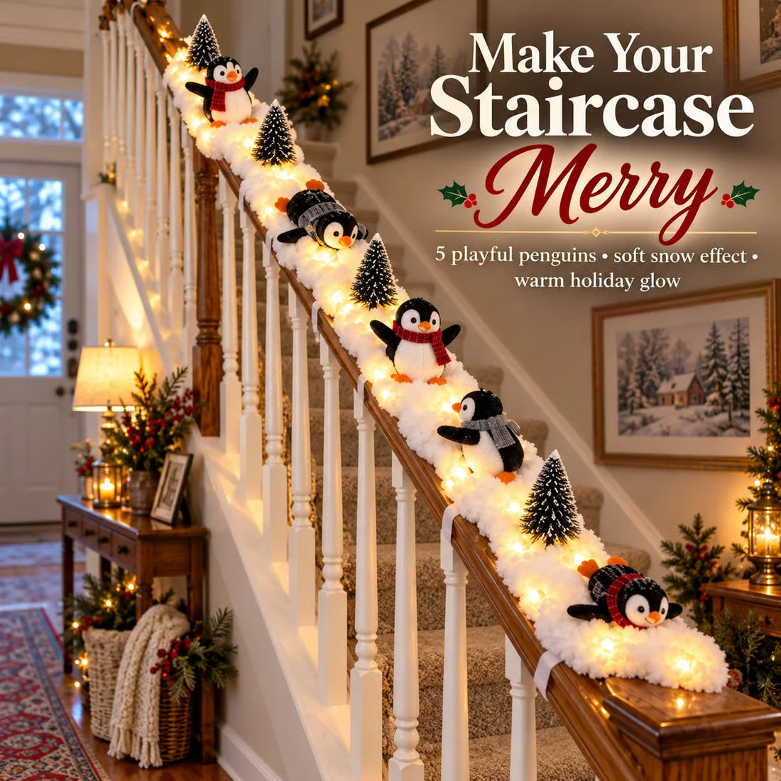 Playful Penguin Snowy Stair Railing Decor -Total length 1.8m