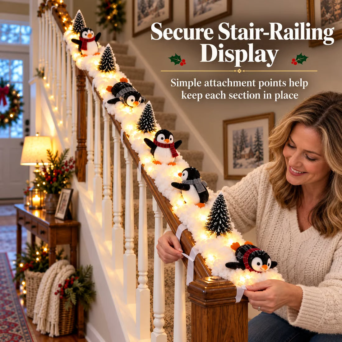 Playful Penguin Snowy Stair Railing Decor -Total length 1.8m