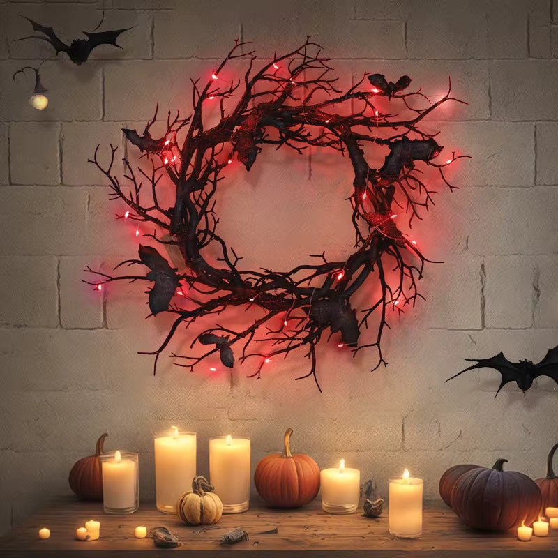 LED Black Branch & Bat Wreath