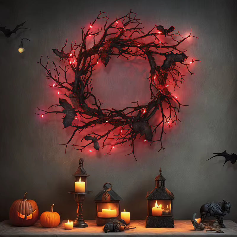 LED Black Branch & Bat Wreath
