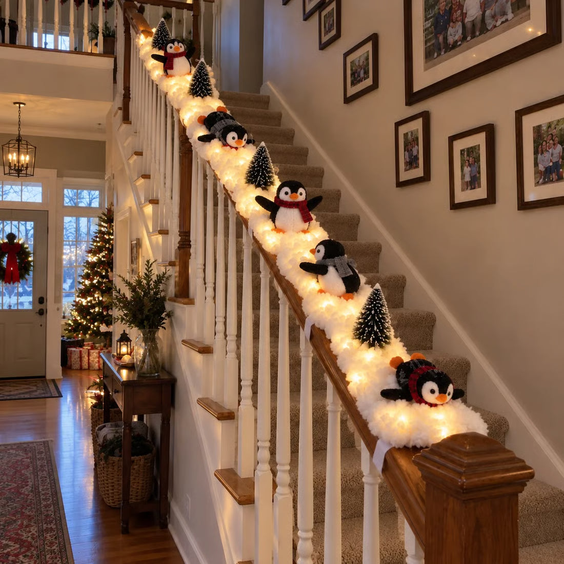 Playful Penguin Snowy Stair Railing Decor -Total length 1.8m