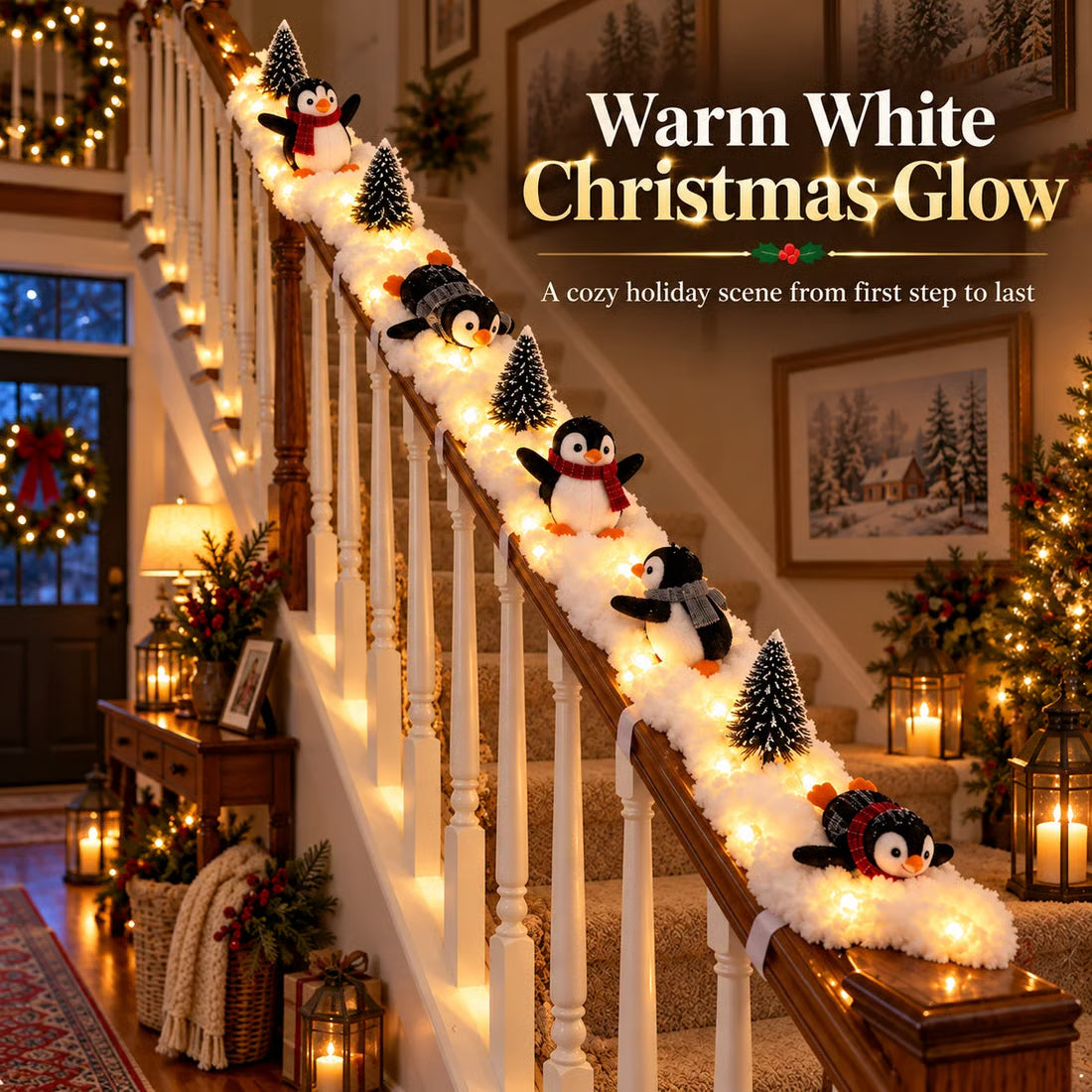 Playful Penguin Snowy Stair Railing Decor -Total length 1.8m
