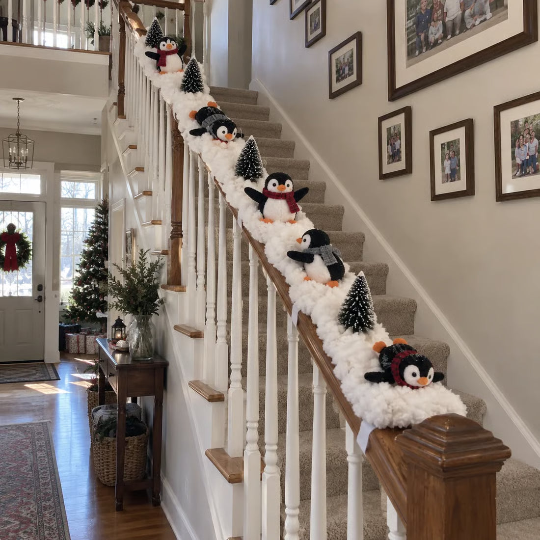Playful Penguin Snowy Stair Railing Decor -Total length 1.8m